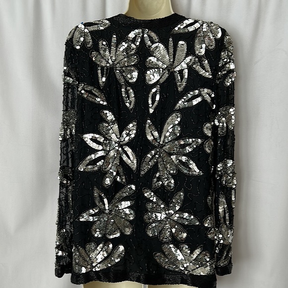 Sweelo Vtg Black/Silver Sequins Beaded Long Sleeve Silk Jacket Coat **Sz M**🌺🌺 - Picture 2 of 6